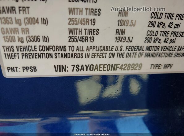 7SAYGAEE0NF428929 2022 TESLA MODEL Y Blue VIN კოდის სტიკერის ხედი