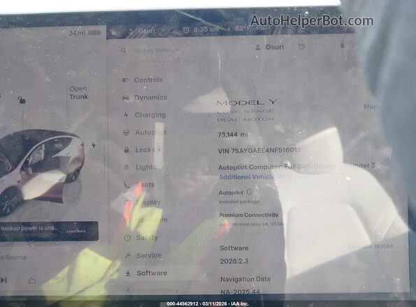 7SAYGAEE4NF516012 2022 TESLA MODEL Y White Rear seats view