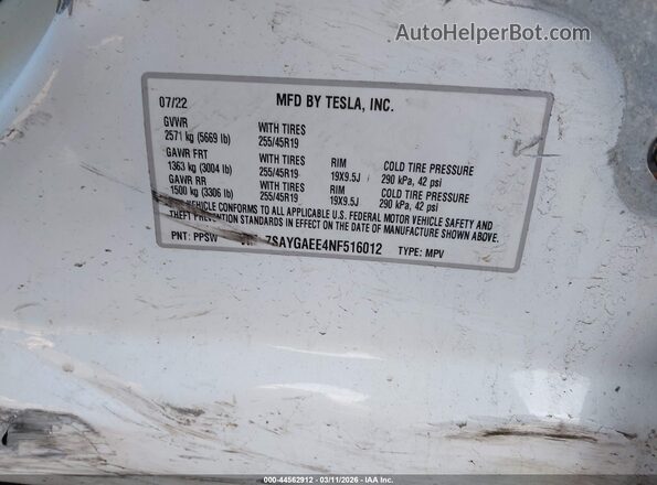 7SAYGAEE4NF516012 2022 TESLA MODEL Y White Engine compartment view