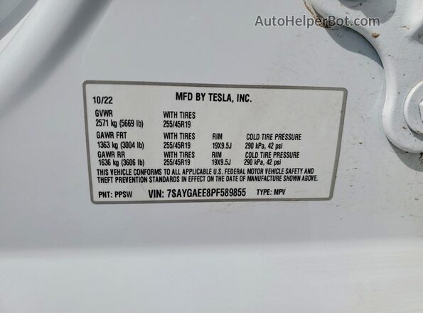 7SAYGAEE8PF589855 2023 TESLA MODEL Белый Вид наклейки с VIN-кодом