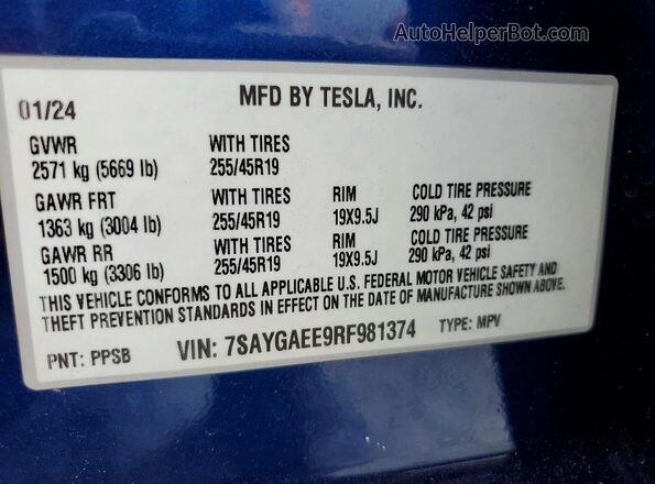 7SAYGAEE9RF981374 2024 TESLA OTHER Синий Панорамный вид салона 360°
