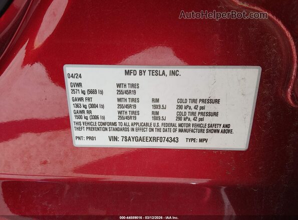 7SAYGAEEXRF074343 2024 TESLA MODEL Y Red Շարժիչի բաժամունքի տեսք