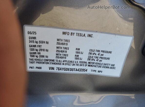7SAYGDED0TA432854 2026 TESLA MODEL Gray Вид підкапотного простору