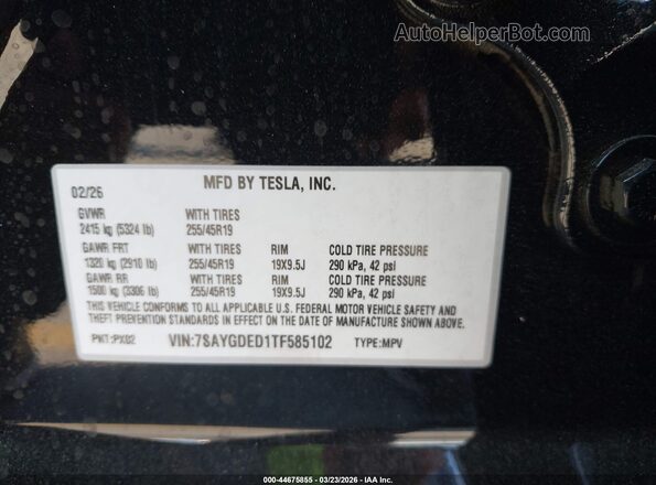 7SAYGDED1TF585102 2026 TESLA MODEL Y Black Շարժիչի բաժամունքի տեսք