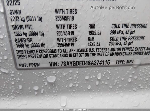 7SAYGDED4SA374116 2025 TESLA MODEL Y White Շարժիչի բաժամունքի տեսք