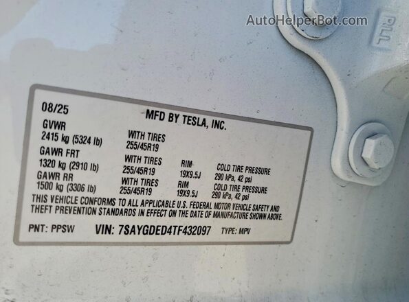 7SAYGDED4TF432097 2026 TESLA MODEL White Widok naklejki z numerem VIN