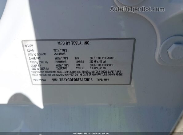 7SAYGDED6TA493013 2026 TESLA MODEL Y Белый Вид подкапотного пространства