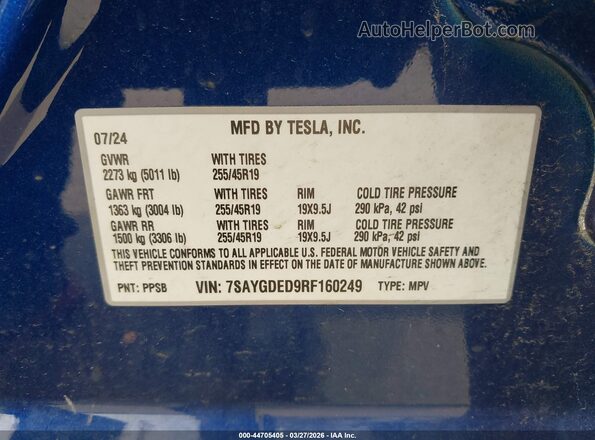 7SAYGDED9RF160249 2024 TESLA MODEL Y Blue Շարժիչի բաժամունքի տեսք