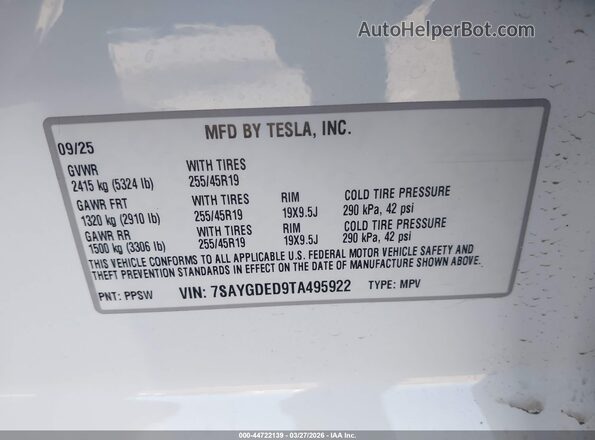 7SAYGDED9TA495922 2026 TESLA MODEL Y White Вид підкапотного простору