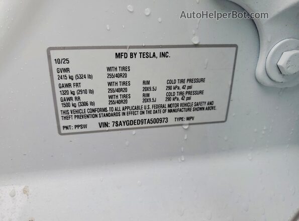 7SAYGDED9TA500973 2026 TESLA MODEL White Вид наклейки з VIN-кодом