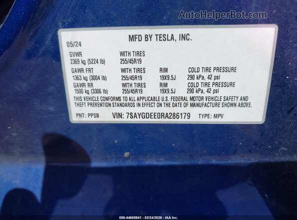 7SAYGDEE0RA286179 2024 TESLA MODEL Y Blue Engine compartment view
