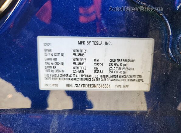 7SAYGDEE3NF345884 2022 TESLA MODEL Blue 360 interior view