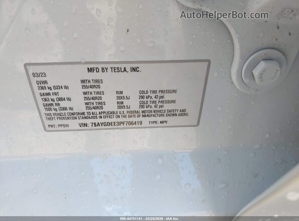 7SAYGDEE3PF706419 2023 TESLA MODEL Y White Widok komory silnika