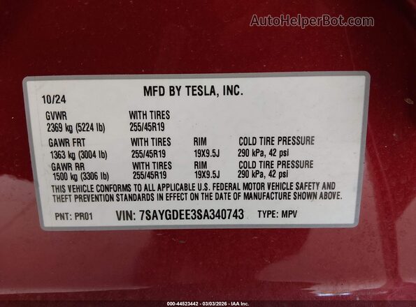7SAYGDEE3SA340743 2025 TESLA MODEL Y Красный Вид подкапотного пространства