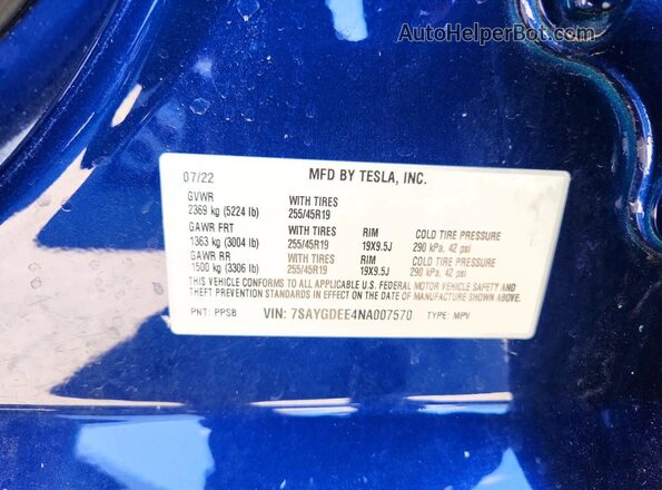 7SAYGDEE4NA007570 2022 TESLA MODEL Blue Շարժիչի բաժամունքի տեսք