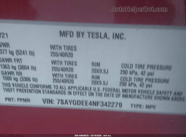 7SAYGDEE4NF342279 2022 TESLA MODEL Y Maroon Vista del compartimento del motor