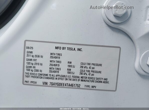 7SAYGDEE4TA461752 2026 TESLA MODEL Y White 