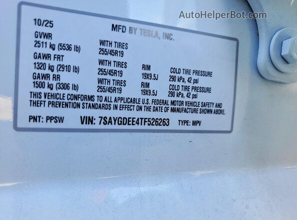 7SAYGDEE4TF526263 2026 TESLA MODEL White Вид підкапотного простору