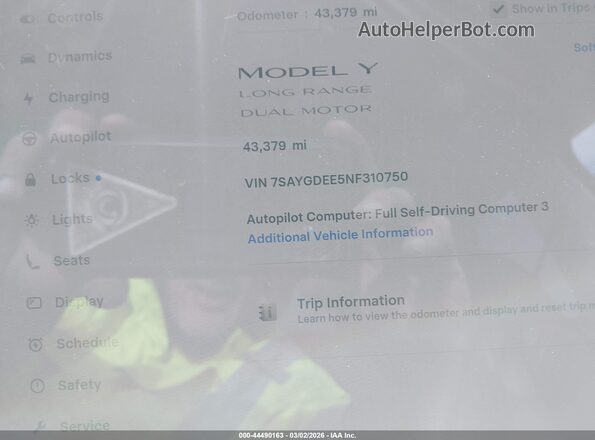 7SAYGDEE5NF310750 2022 TESLA MODEL Y Белый Вид задних сидений