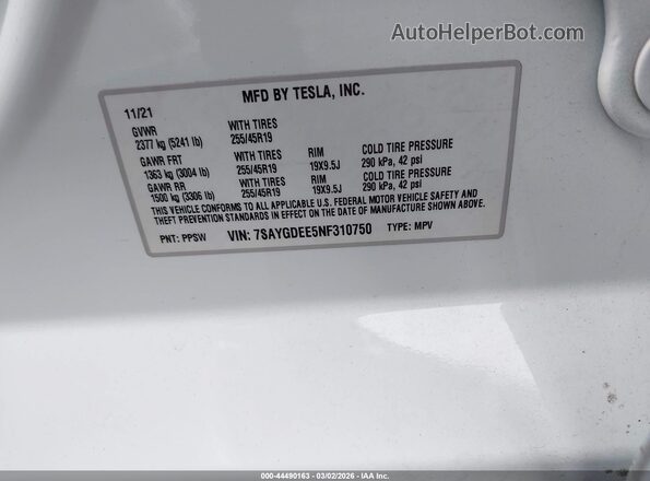 7SAYGDEE5NF310750 2022 TESLA MODEL Y Белый Вид подкапотного пространства
