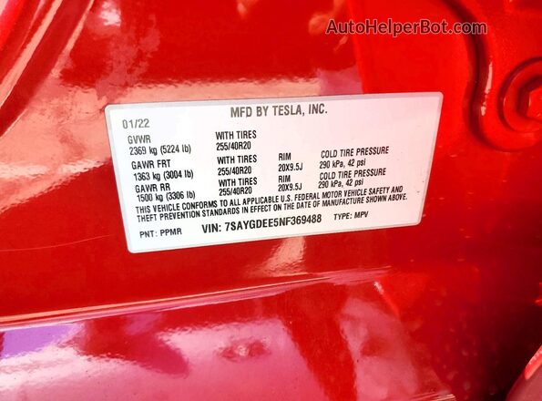 7SAYGDEE5NF369488 2022 TESLA MODEL Red VIN կոդի պիտակի տեսք