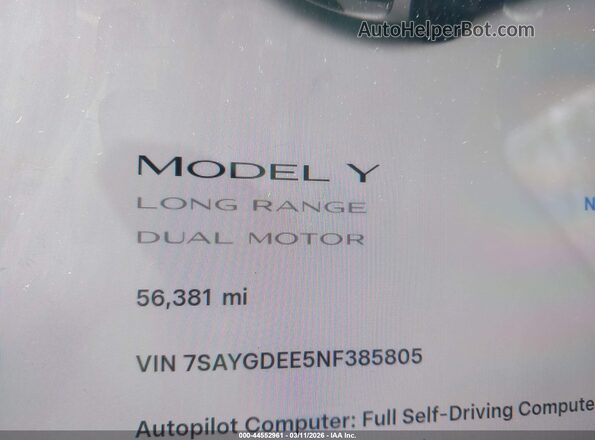 7SAYGDEE5NF385805 2022 TESLA MODEL Y White უკანა სავარძლების ხედი