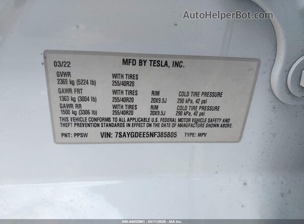 7SAYGDEE5NF385805 2022 TESLA MODEL Y White ძრავის განყოფილების ხედი