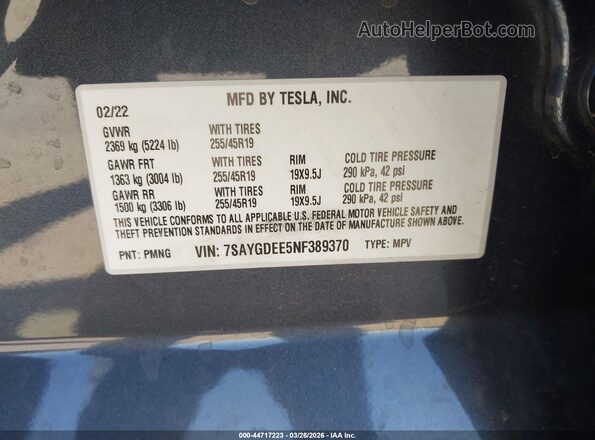 7SAYGDEE5NF389370 2022 TESLA MODEL Y Gray Շարժիչի բաժամունքի տեսք