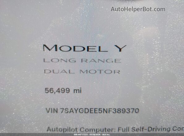 7SAYGDEE5NF389370 2022 TESLA MODEL Y Gray 
