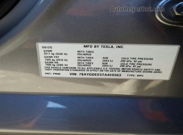 7SAYGDEE5TA459363 2026 TESLA MODEL Gray VIN կոդի պիտակի տեսք
