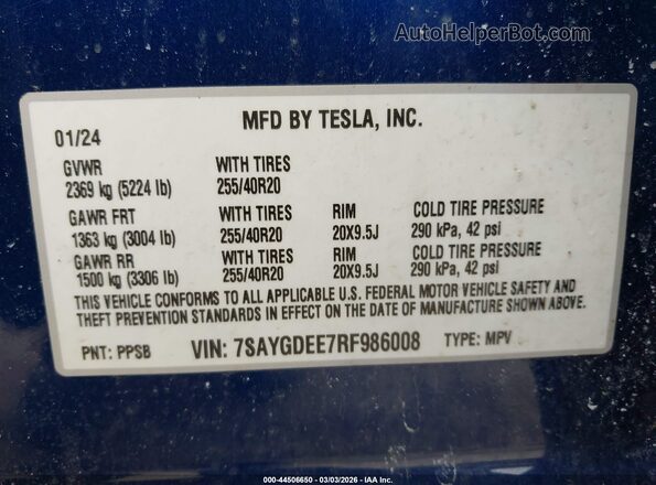 7SAYGDEE7RF986008 2024 TESLA MODEL Y Blue Շարժիչի բաժամունքի տեսք