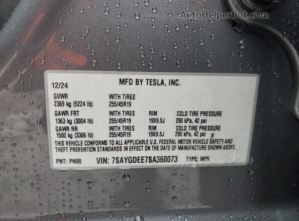 7SAYGDEE7SA360073 2025 TESLA MODEL Gray Вид наклейки з VIN-кодом