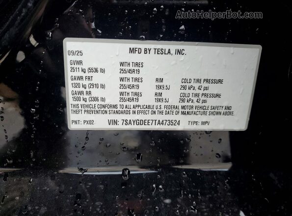 7SAYGDEE7TA473524 2026 TESLA MODEL Black Vista de la etiqueta del VIN