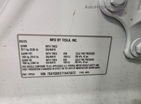 7SAYGDEE7TA475872 2026 TESLA MODEL White ძრავის განყოფილების ხედი