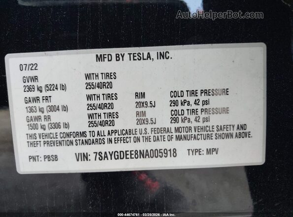 7SAYGDEE8NA005918 2022 TESLA MODEL Y Черный Вид подкапотного пространства