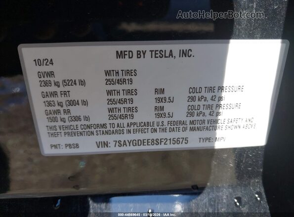 7SAYGDEE8SF215675 2025 TESLA MODEL Y Black 