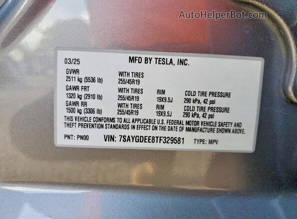 7SAYGDEE8TF329581 2026 TESLA MODEL Silver VIN sticker view