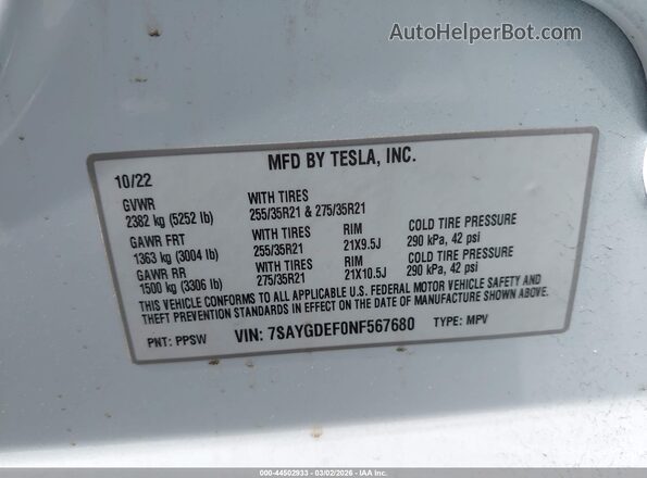 7SAYGDEF0NF567680 2022 TESLA MODEL Y White Vista del compartimento del motor