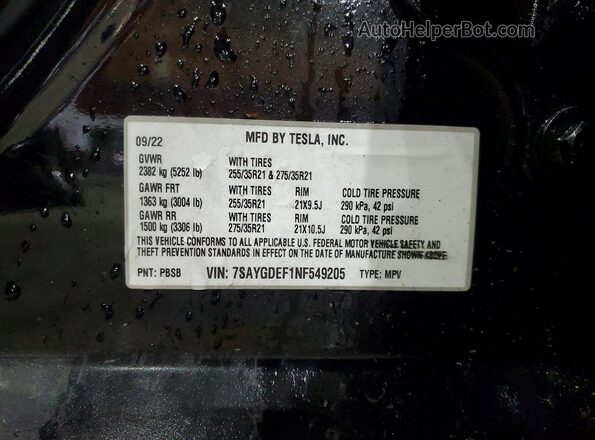 7SAYGDEF1NF549205 2022 TESLA MODEL Black 