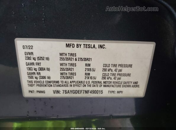 7SAYGDEF7NF490015 2022 TESLA MODEL Y Серый Вид подкапотного пространства