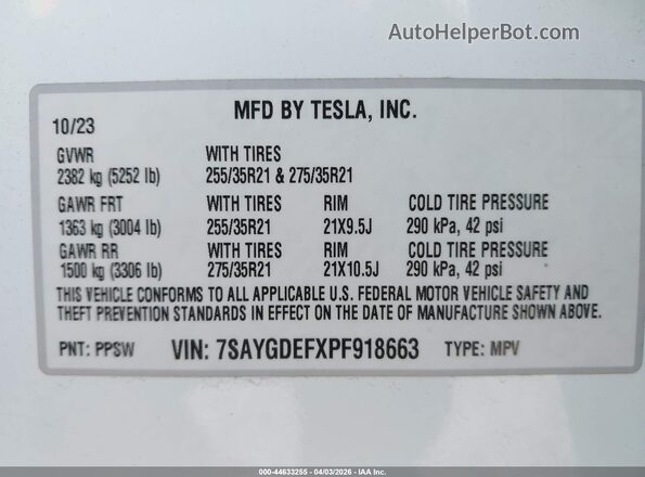 7SAYGDEFXPF918663 2023 TESLA MODEL Y Белый Вид подкапотного пространства
