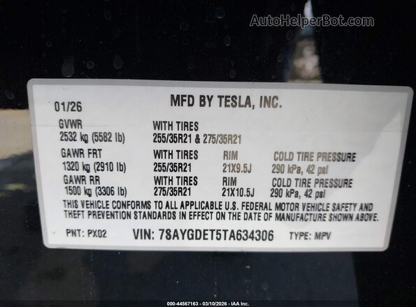 7SAYGDET5TA634306 2026 TESLA MODEL Y Black Вид підкапотного простору