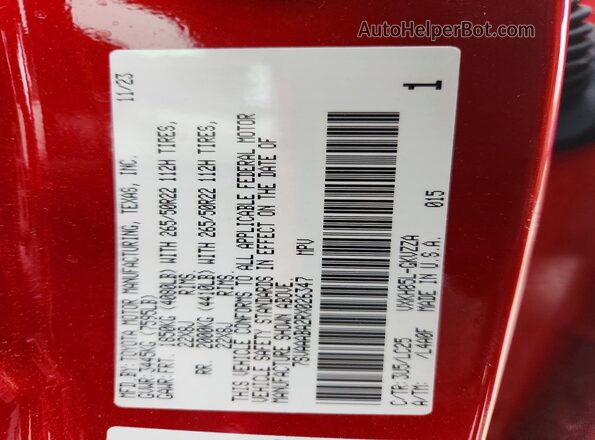 7SVAAABA2RX026347 2024 TOYOTA SEQUOIA Red VIN კოდის სტიკერის ხედი