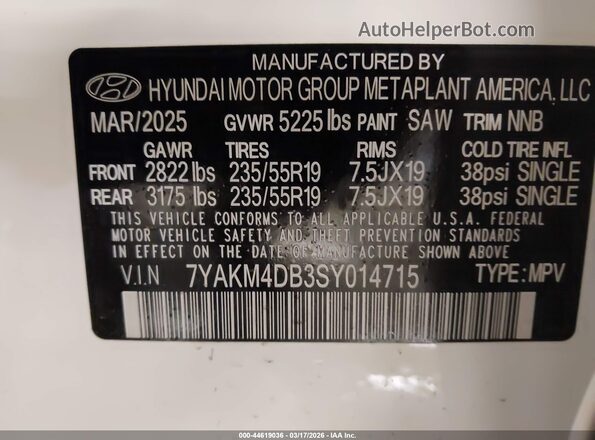 7YAKM4DB3SY014715 2025 HYUNDAI IONIQ 5 White Вид підкапотного простору
