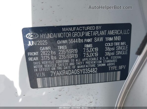 7YAKR4DA0SY035482 2025 HYUNDAI IONIQ 5 White Вид підкапотного простору
