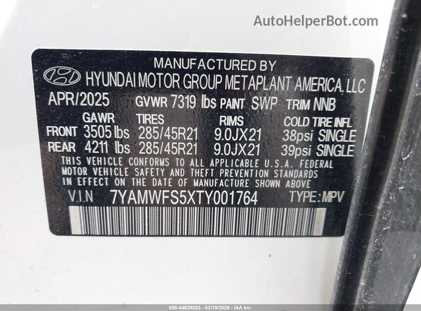 7YAMWFS5XTY001764 2026 HYUNDAI IONIQ 9 White Շարժիչի բաժամունքի տեսք