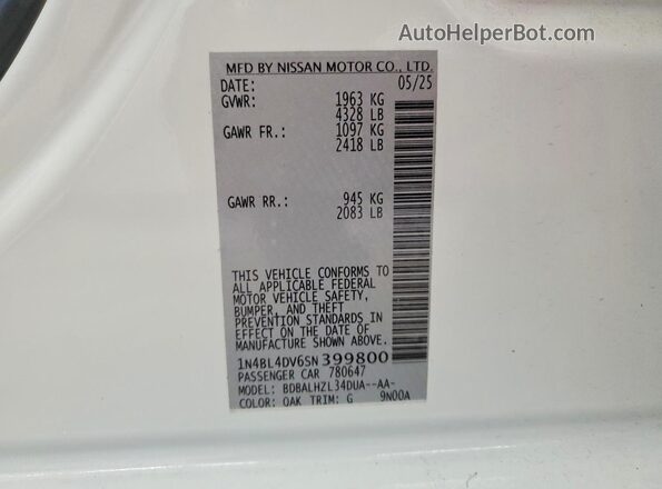 1N4BL4DV6SN399800 2025 NISSAN ALTIMA White 