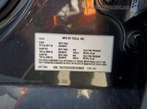 7SAYGDED2SF259629 2025 TESLA MODEL Gray VIN კოდის სტიკერის ხედი