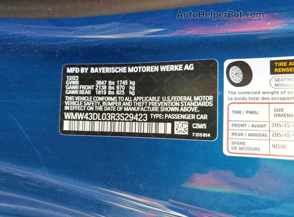 WMW43DL03R3S29423 2024 MINI COOPER Blue VIN կոդի պիտակի տեսք