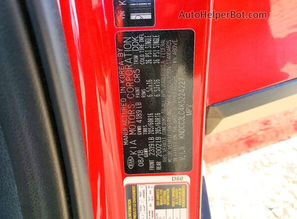 KNDCC3LC4K5224227 2019 KIA NIRO Red Widok naklejki z numerem VIN